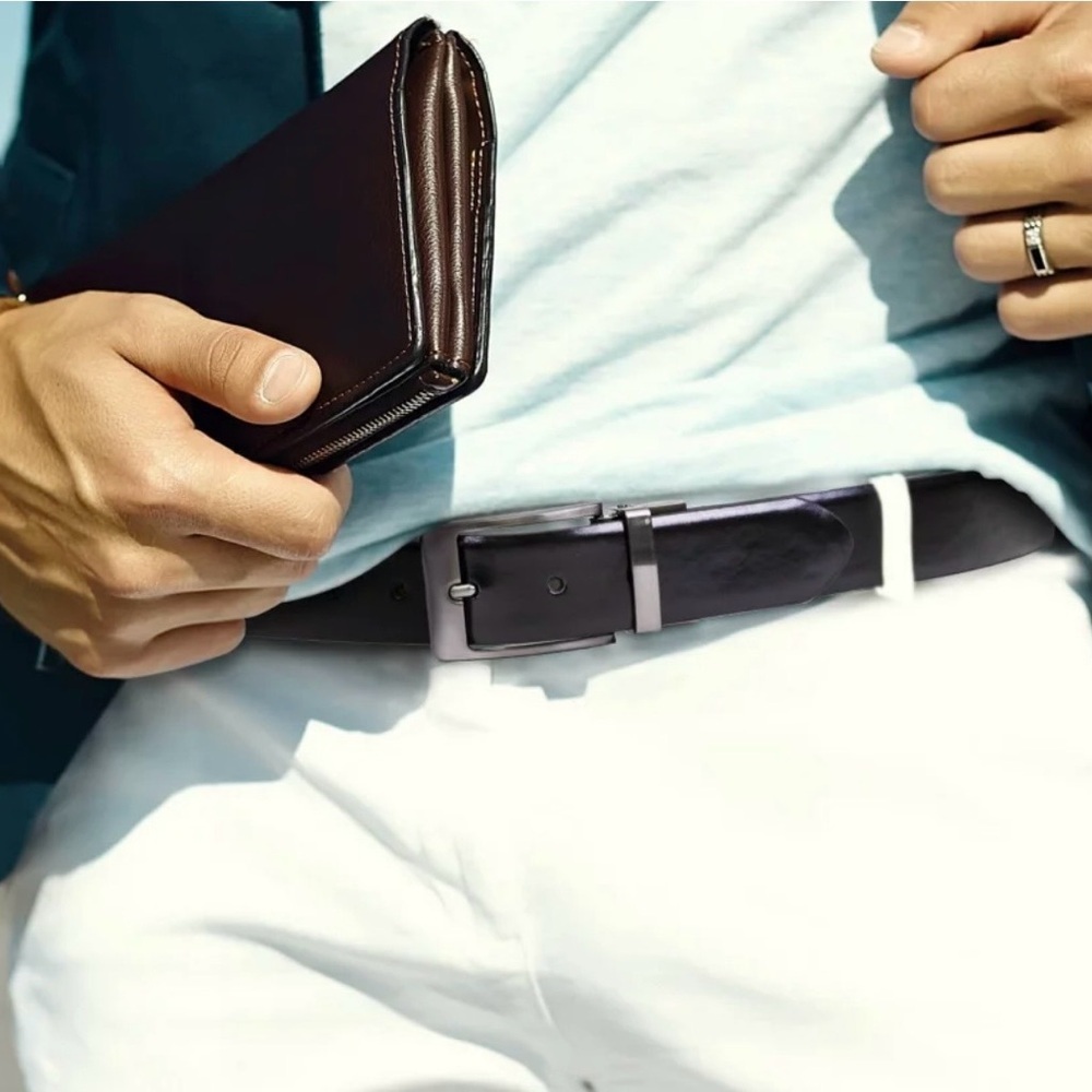 Steve Madden Men’s Black Brown Reversible Vegan Leather Belt Gun Metal Buckle 30